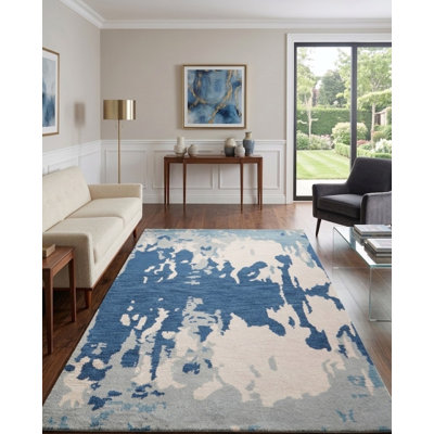 Bleu | Tapis intérieur beige en laine beige fait à la main