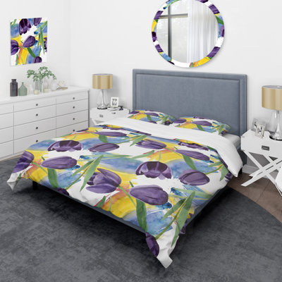 Purple Flower and Leaf - Floral Duvet Cover Set - Microfiber Polyester