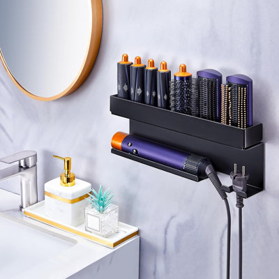 Blow Dryer Holder Wall Mounted Hair Straightener Holder, Blow Dryer and Curling Iron Holder for 7 in 1 Styler Attachments, Hair Dryer Holder, Bathroom Hair Tools Organizer (Black)