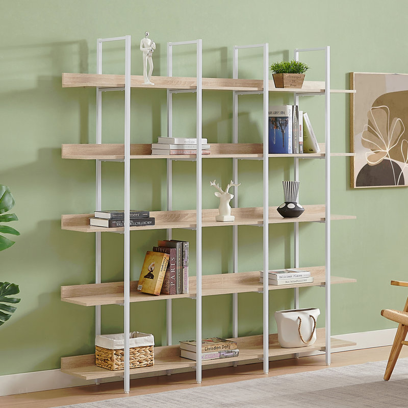 Bibliothèque à 5 niveaux avec bureau ouvert, 70.87" H x 70.87" W x 11.81" D, Blanc / Chêne