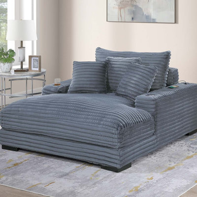 Chaise longue moderne avec 2 porte-gobelets et ports USB en velours côtelé gris
