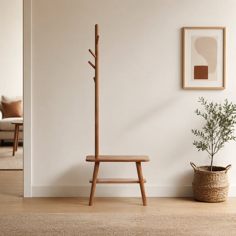 Tabouret en bois massif avec support en tissu, banc de rangement moderne Mid-Century