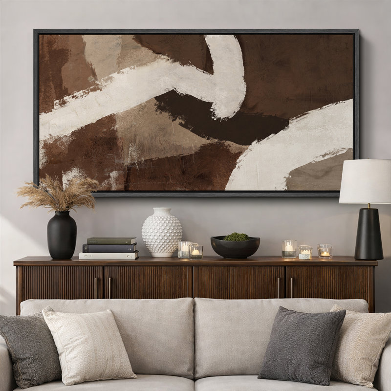 «Grunge Abstract Paint Stroke Effect Mid Mid Century Shape Contemporary Abstract Dynamic Black and White», reproduction encadrée sur toile