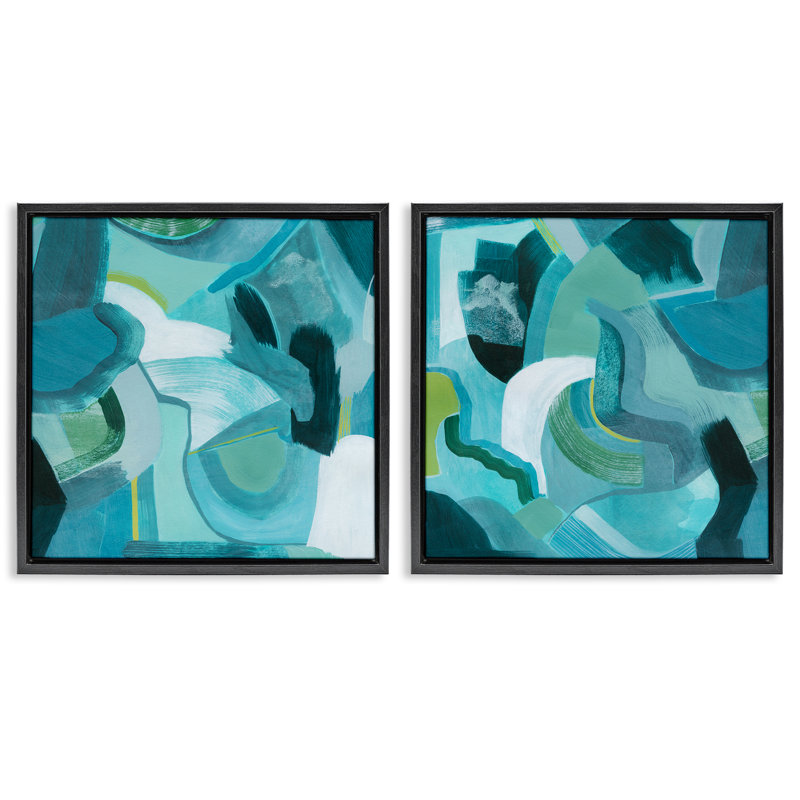  «Energetic Blue Patterns», ensemble de 2 toiles flottantes encadrées par Grace Popp, Cadre flottant noir de jais