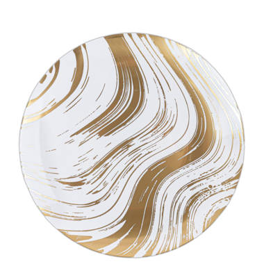 EcoQuality 9 inch Round White Plastic Plates with Gold Curve Design 40  Guests