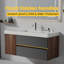Meuble-lavabo de 48 po en noyer avec lavabo blanc brillant et tiroirs noirs doux, fixé au mur pour les salles de bain modernes