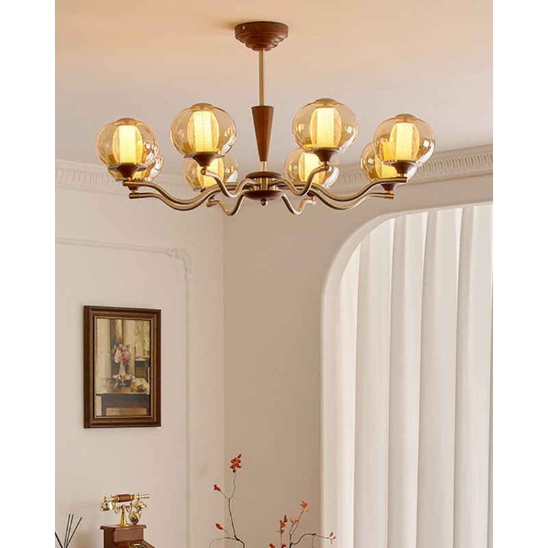 Pied de lampe en fer et bois avec abat-jour en verre ambre French French