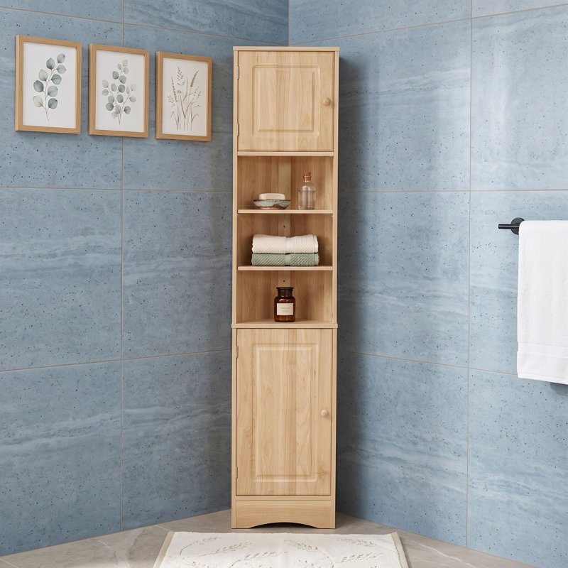 Meuble de rangement en coin triangulaire haut pour salle de bain, avec 2 portes, 3 tablettes ajustables et dispositif anti-basculement