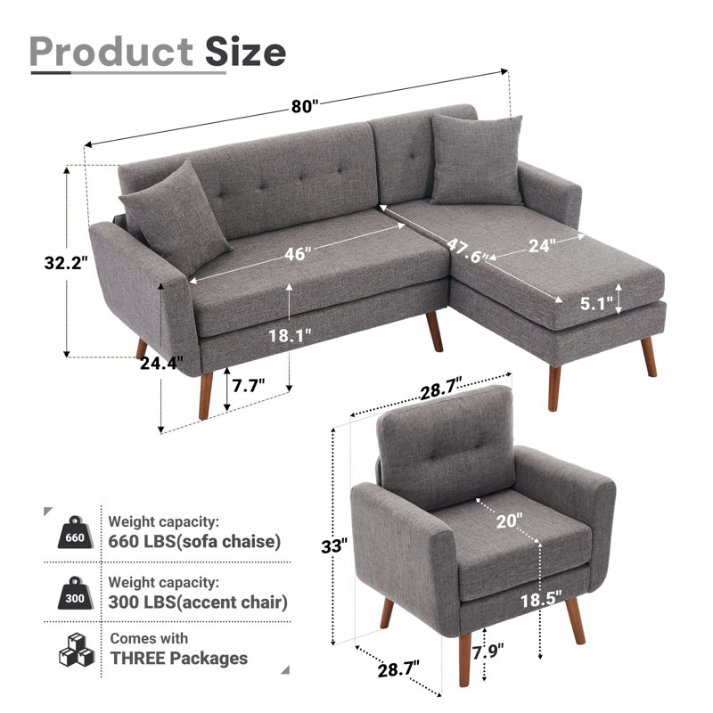 Canapé avec 2 fauteuils, ensemble de salon en lin 3 pièces, Gris
