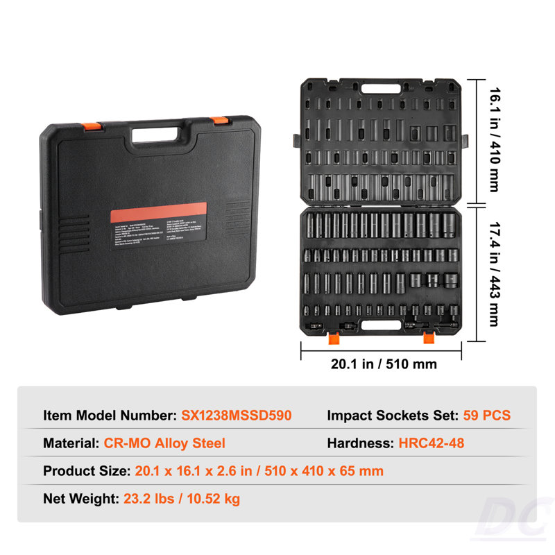Impact Sockets Set 59Pcs 6-Point 3/8" & 1/2" Drive Bit Ratchet Tool Kit