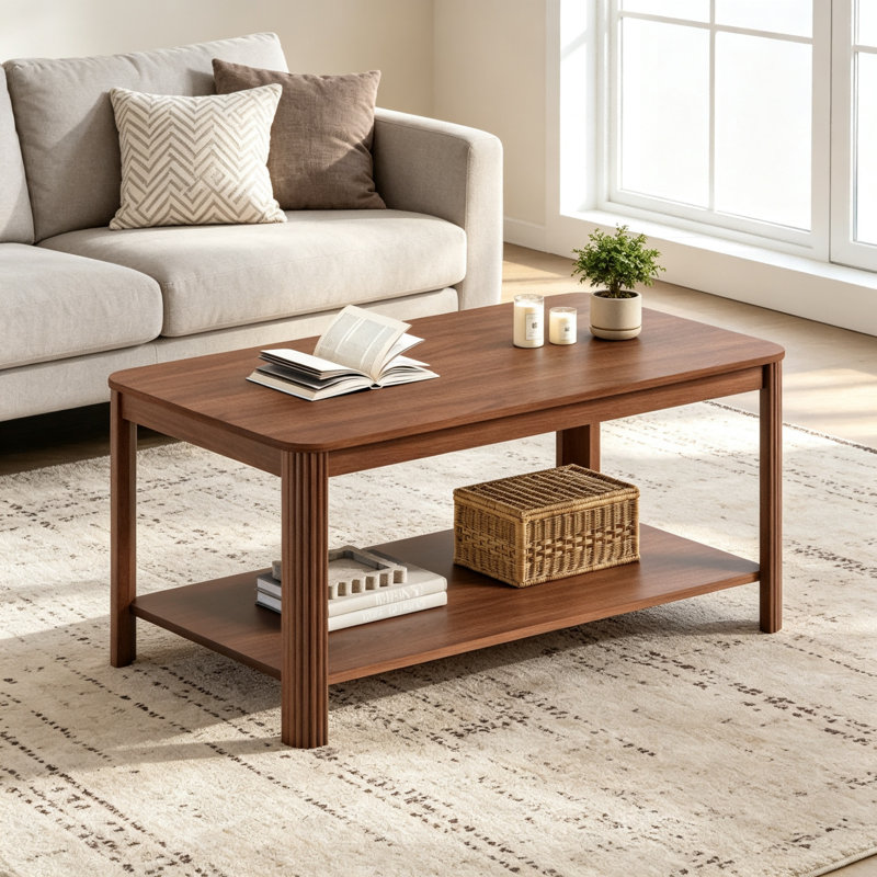 Wood Coffee Table Rectangular Accent Table with Storage Shelf, Brown