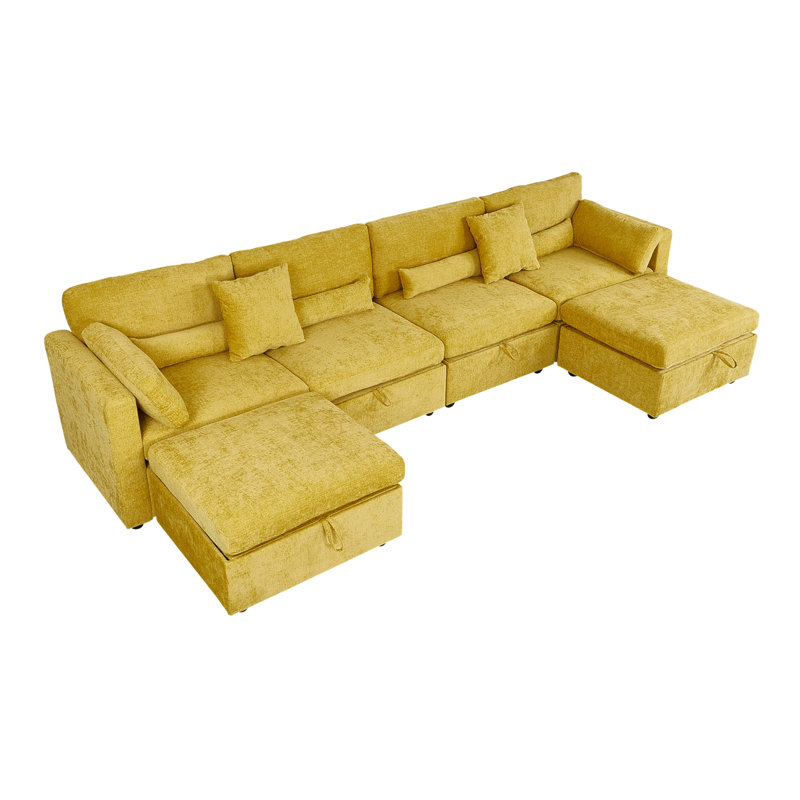 Sofa, Yellow Chenille, 36.61" H x 145.67" W x 33.86" D