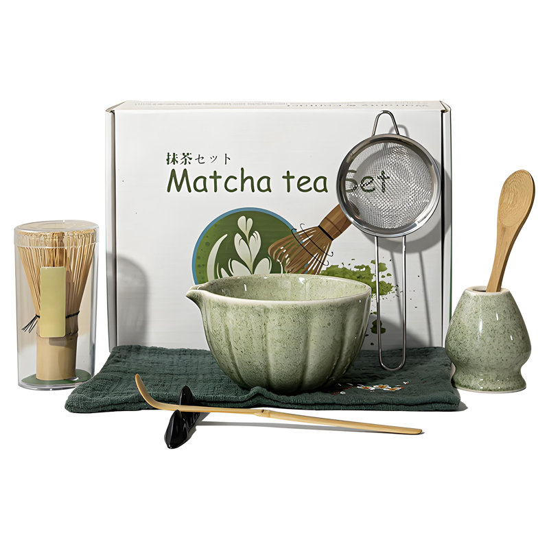 Ensemble matcha 8 pièces de qualité supérieure avec bol en céramique et fouet en bambou - ensemble complet pour débutants (vert tacheté)