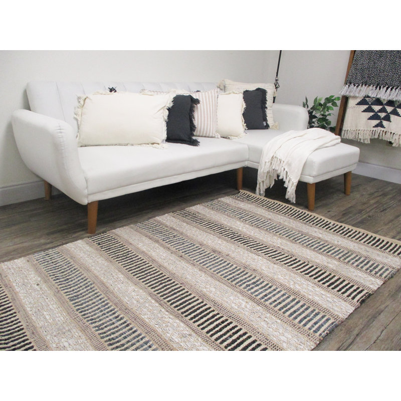 Tapis rayé noir / gris tissé à plat à la main Perley, Rectangle 4 pi x 6 pi