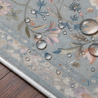Abbey Blossom Floral Machine Washable Blue / Green / Beige Indoor Area Rug with Non-Slip Backing