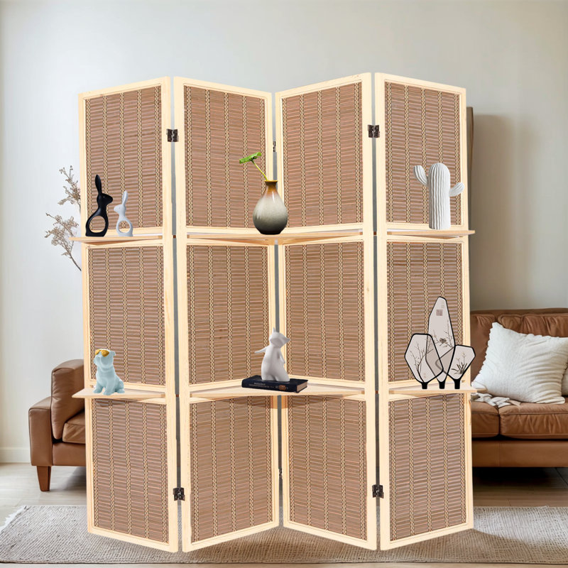 4 - Panel Wood Folding Room Divider Screens Privacy Separation Wall With Shelves
