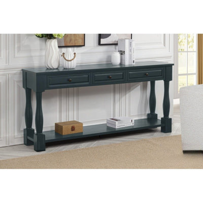 Navy Wood Console Table, 63" With Shelf And 3 Drawers, Mediterranean Style For Living Room, Hallway, Entryway, Quality, Assembly Required Long Drawers Shelf,