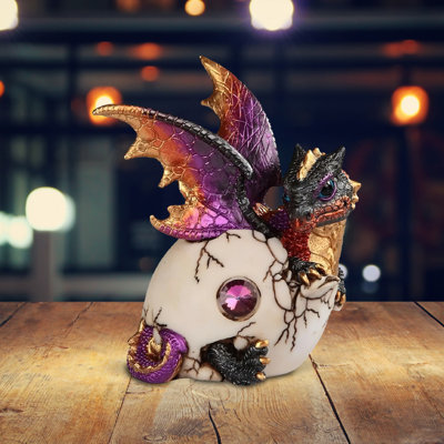5.5"H Red/Orange Baby Dragon Hatchling in Egg Figurine Unique Gifts