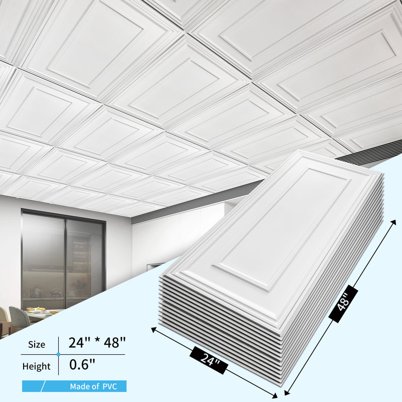 Carreaux de plafond rabattables de 2 pi x 4 pi, paquet de 10 carreaux de plafond à coller, panneaux de PVC imperméables pour la décoration intérieure (boîte de 96 pieds carrés)
