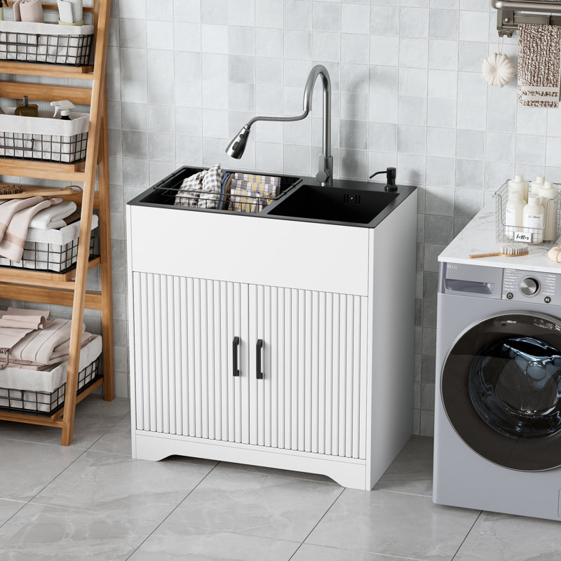30-inch Laundry Sink With Standing Storage Cabinet & Hot/cold Faucet, Kitchen Utility Sink Cabinet With Stainless Steel Double Sinks & Drain Basket, Pull-out Faucet