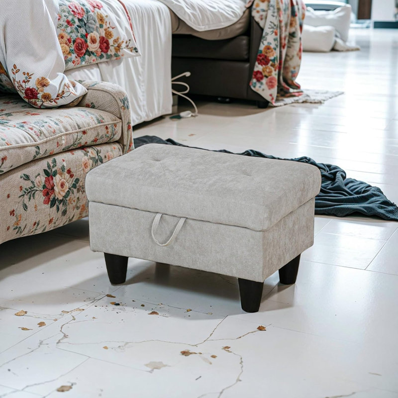 Rehmaan Upholstered Storage Bench, Off-White 100% Cotton