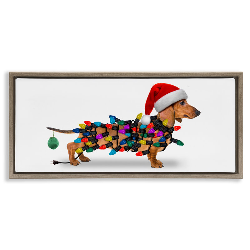«Holiday Lights Dachshund», art mural sur toile par John Hovenstine, H 11 po x l 25 po, Cadre flottant orme Montalcino