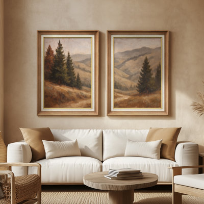 «Rustic Mountain Pines Warm Natural Landscape», ensemble de 2 reproductions d'art murales encadrées de qualité supérieure sur papier 26 po x 36 po