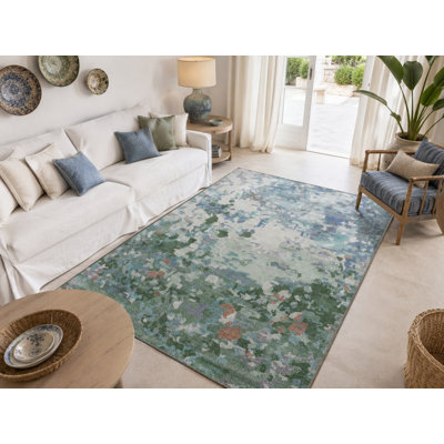 Ice Blue Fuzzy Patterned Decorative Washable Carpet