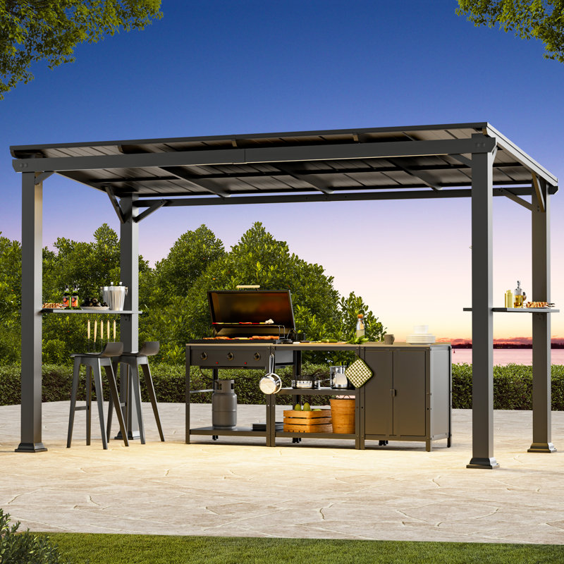 Montauk 6' X 12' Outdoor BBQ Patio Hard Top Grill Gazebo With Slop Roof, Bar Table Counter With Hooks And Opener, Matte Black