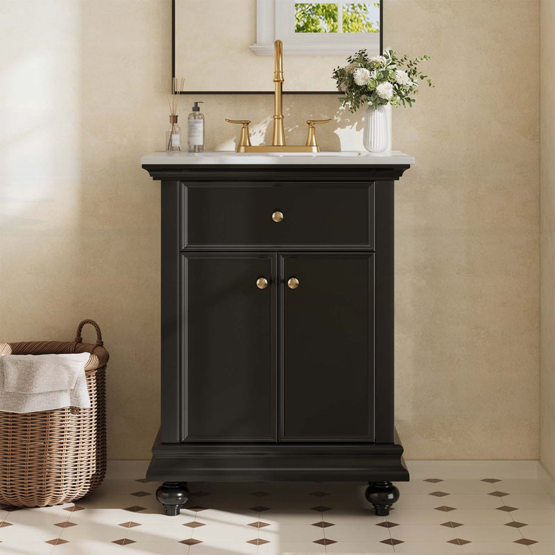 Meuble-lavabo élégant avec pieds tournés en boule, Noir