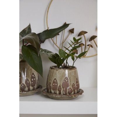 Wild Mushroom Pot with Saucer 7"x 4.75"