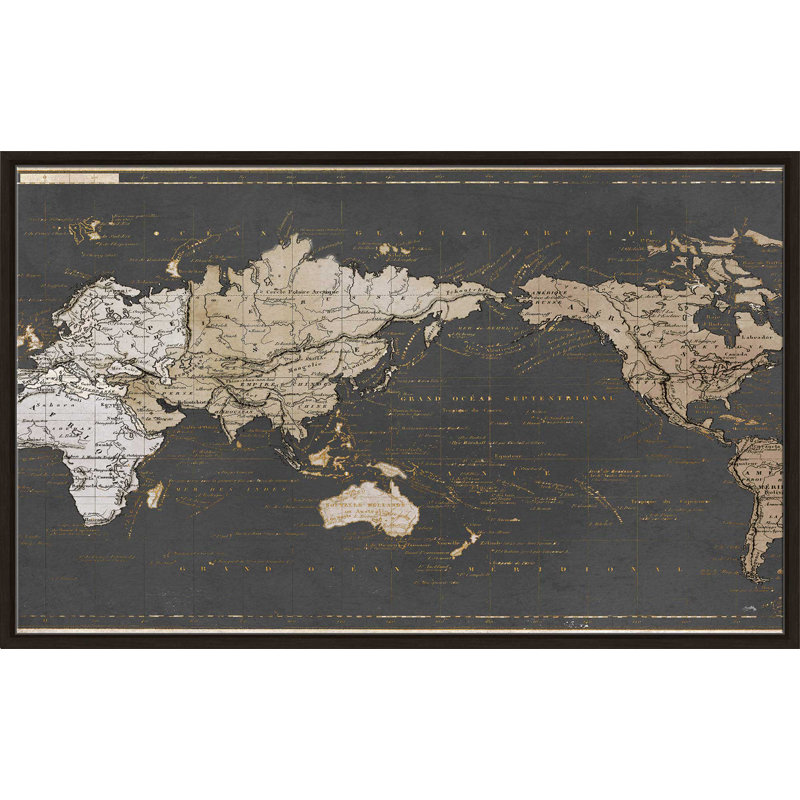 «World Map in Gold and Gray», impression, H 21,5 po x l 33,5 po, Reproduction avec cadre flottant, Espresso