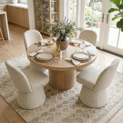 4 - Person Dining Table Sets With Solid Wood Round Table & 4 Upholstered Tweed Chairs