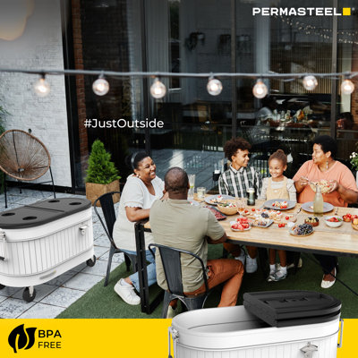 Permasteel 80-qt Rolling Patio Cooler – Large Outdoor Ice Chest With Wheels, Beverage Cooler For Backyard, Bbq, Tailgate, Beach, Parties, Rustic Farmhouse Design, White