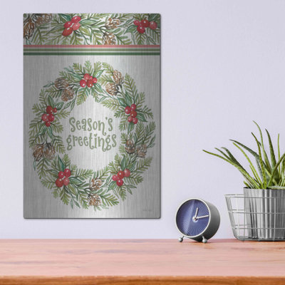 The Holiday Aisle® 'Season's Greetings Wreath Design' by Cindy Jacobs, Metal Wall Art, 12"x16"
