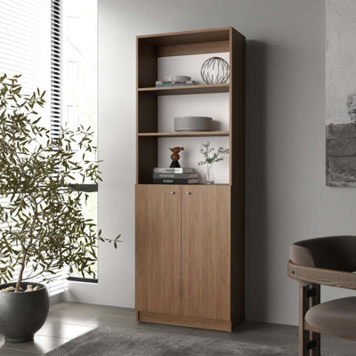 Bibliothèque à 2 portes en chêne naturel et blanc avec rangement ouvert