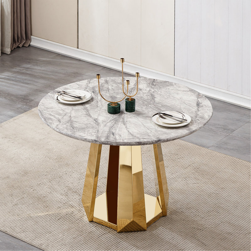 Table de salle à manger ronde moderne, plateau en faux marbre 47 po avec base en acier inoxydable pour la cuisine et la salle à manger