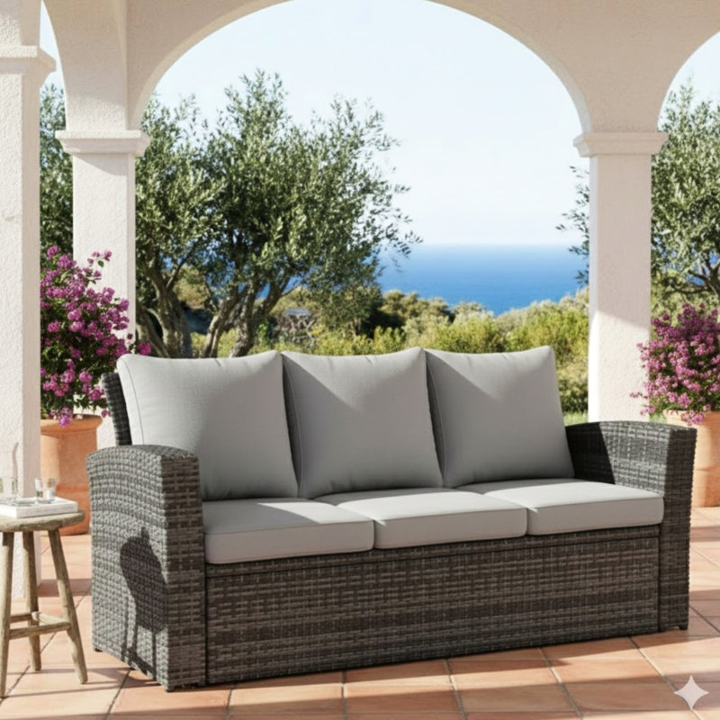 Patio 3 saisons 67,7 po avec coussins gris épais, structure noire, mousse haute et ergonomique