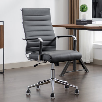 Mid Back Office Desk Chair, Conference Room Chairs with Wheels, Executive Leather Swivel Ribbed Height Adjustable  Rolling Chair.