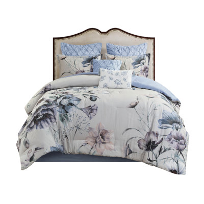 8 Piece Comforter - King, Blue Cotton Printed, Bedroom, Elegant Floral Design And Decorative Pillows King Printed Cotton, Look, Machine Washable Bedding