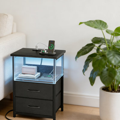 Table de chevet avec station de charge, table de chevet à DEL avec 2 tiroirs en tissu, petite table de chevet