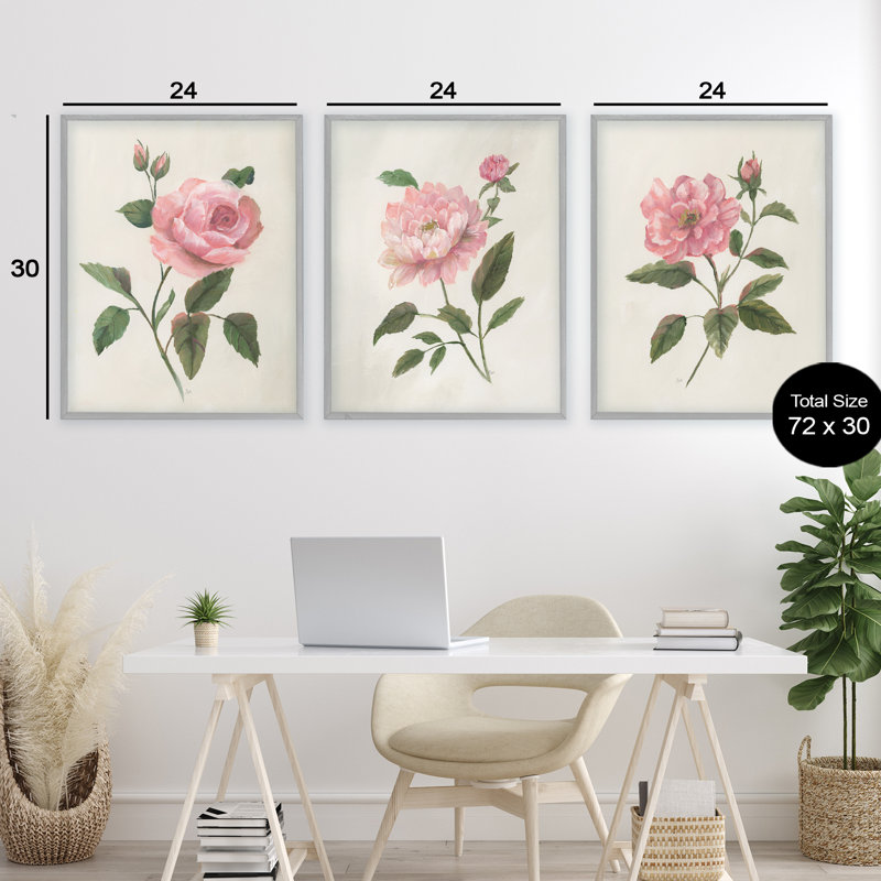 Ensemble de 3 giclées encadrées par Pink Rosie Rose Florals, par Nan, Estampe numérique Farmhouse, H 30 po x l 72 po