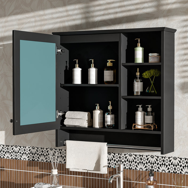 Armoire de rangement murale à miroir avec tablette réglable, charnières à fermeture en douceur pour la salle de bain, Noir