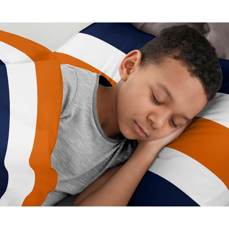 Stripe Comforter Set, Full/Queen Comforter + 2 Standard Shams, Navy Blue/Orange/White
