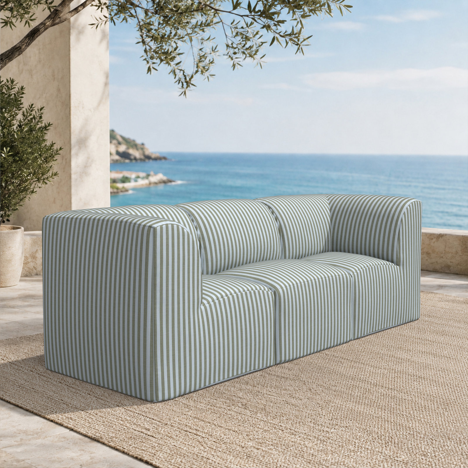 Praia 96" Sunbrella® Patio Sectional, Green Striped Sunbrella®