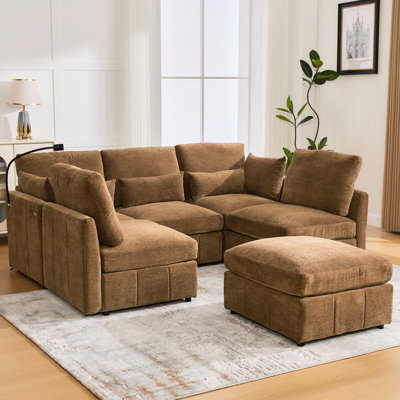 Brown 85.4" Multi - Functional Modular Sectional With Charging Ports, Phone Holder, And Lumbar Pillows For Contemporary Home Decor L Shaped Movable ,