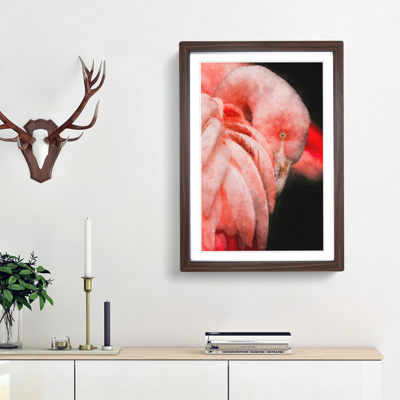 Pink Flamingo Abstract - Single Picture Frame Painting on MDF, 63cm H x 45cm W x 2cm D, Walnut Framed