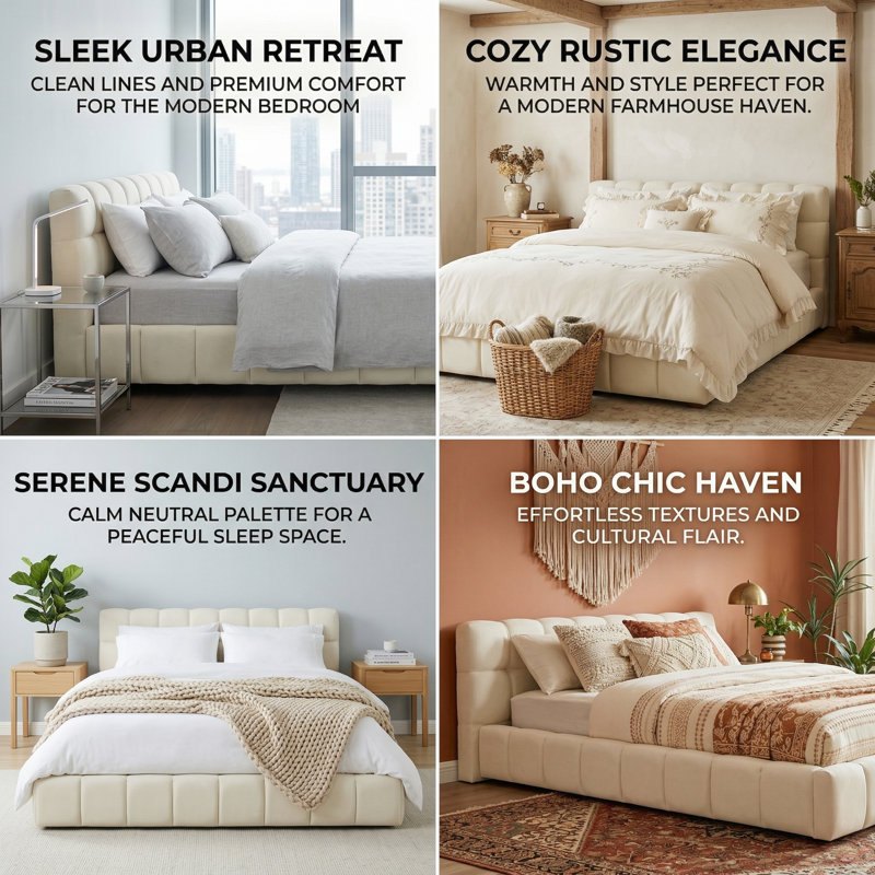 Multi-Sizes EU & UK Upholstered Bed, Modern Cloud Bed Frame with Padded Flange Edge & Embedded Design, Beige/Grey Linen