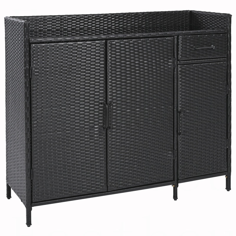 47.5"W Wicker Outdoor Storage Cabinet with Tempered Glass Desktop, Weather-proof Rattan Bar Table with Three Doors, Adjustable Shelf, and One Drawer, for Outdoor Cushions, Pool Toys , Black Brown