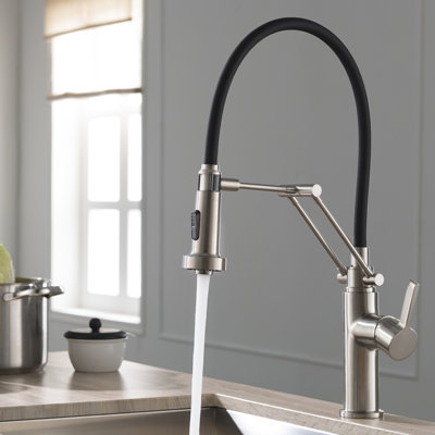 Robinet de cuisine escamotable en nickel brossé Blossom - Corps en laiton massif avec douchette à double fonction